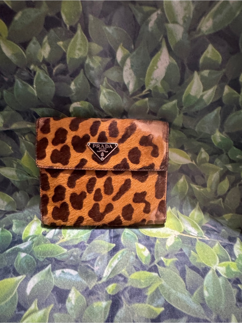 Prada Leopard Print Haircalf Bifold Wallet - Tan & Black with certificate card